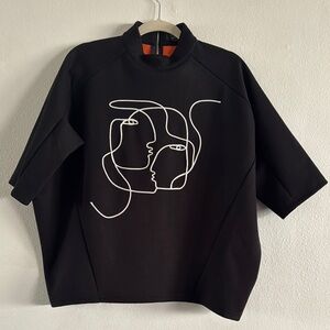 Black Graphic Top with Abstract Face Design